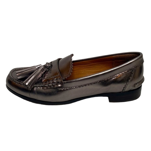 Coach Women's Gray Metallic Izabella Leather Heeled Loafer Casual Tassels size 7 - Picture 1 of 11